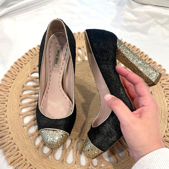 Miu Miu Calzature Pumps Donna Lame Black Glitter Gold Size 36 - Picture 1 of 14